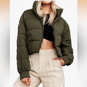 NWT Winter Cropped Puffer Jacket  Army Green Oversized Stand Collar Zip-Up